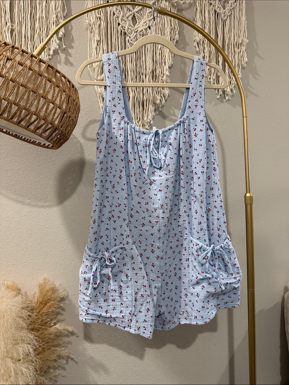 Light Blue Floral Cotton Romper with Pockets
